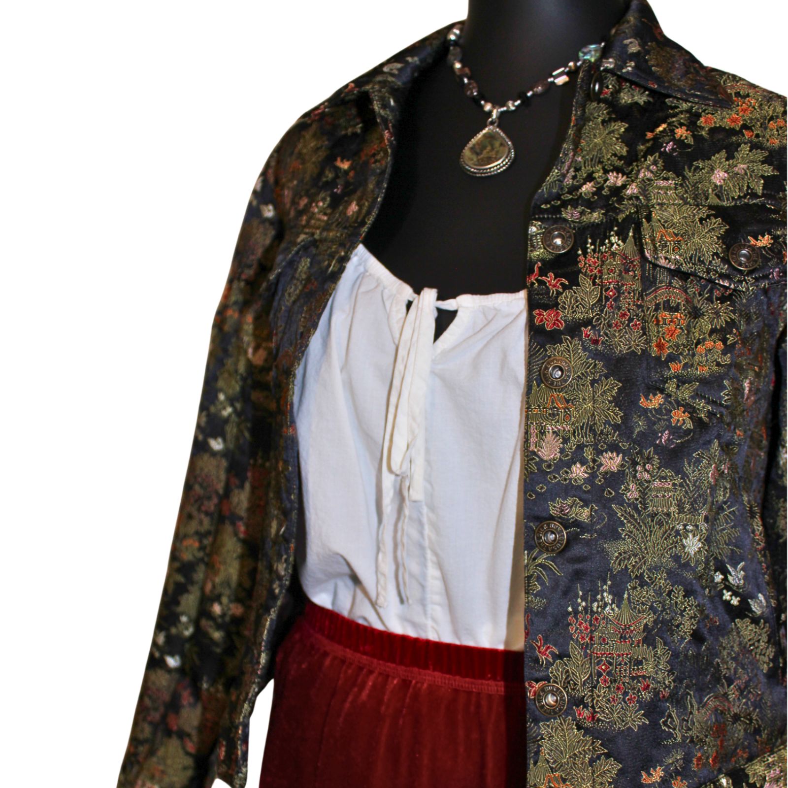 Vintage 90s Silk Box Jacket Black Floral Tapestry Pattern